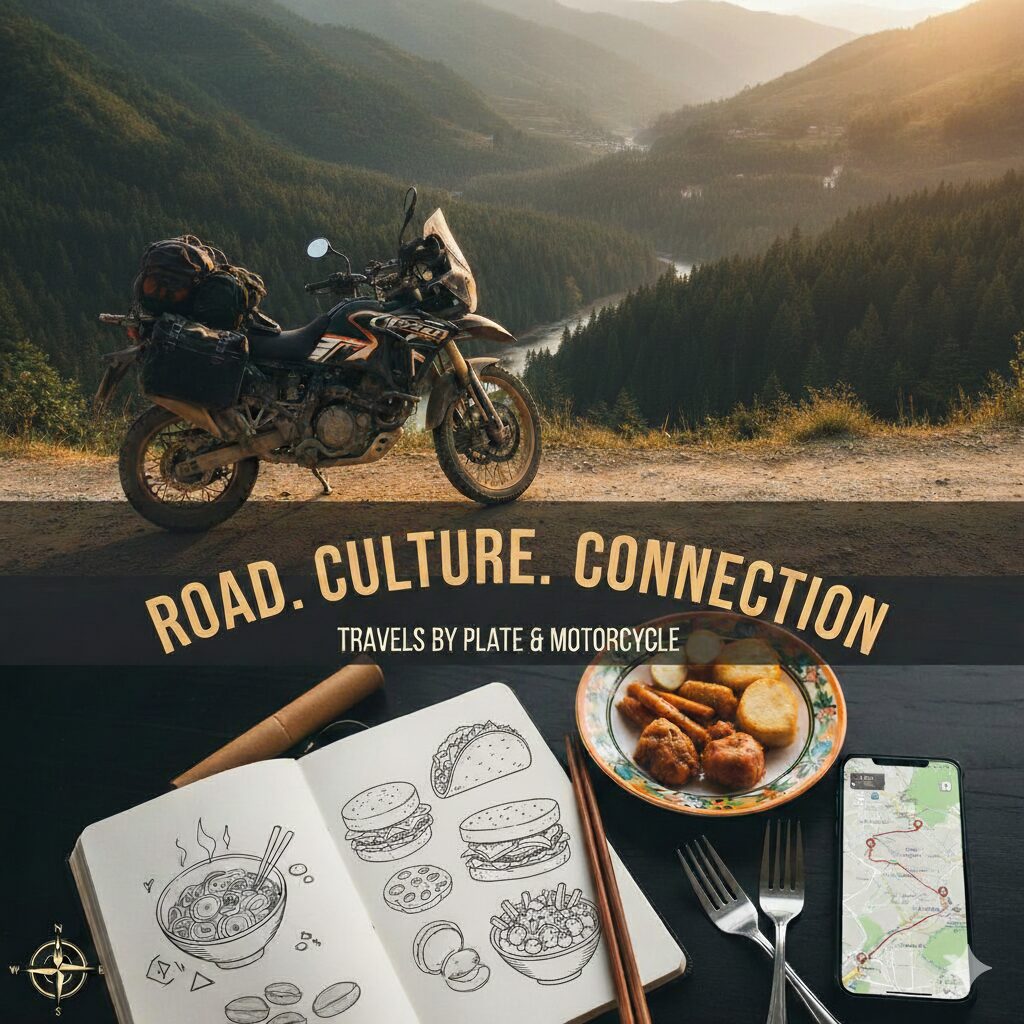 A motorcycle loaded with gear is parked in the foreground. The background is a heavily forested mountain vslley with a river running calmly through the bottom, during the golden hour, as the sun sets behind mountains. Central are the words "Road. Culture. Connection. Travels by plate and motorcycle." At bottom is a notebook with sketches of different plates of food and ingredients, with chopsticks, forks, and a plate of snacks, next to a cell phone with its screen showing a navigation line across topographic terrain